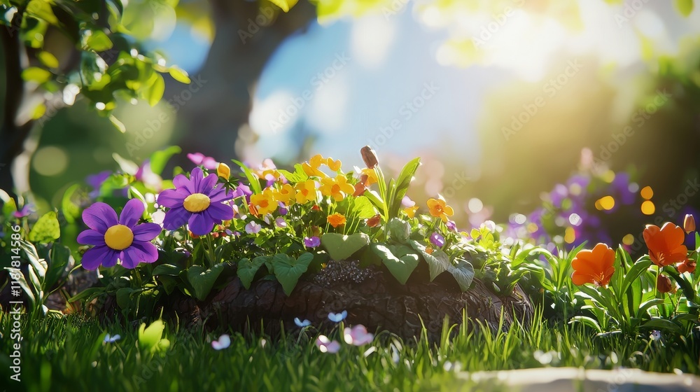 Obraz premium Vibrant Spring Garden with Colorful Flowers and Sunlight Streaming Through Leaves