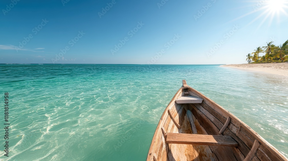 Yacht bow gliding towards a tranquil Caribbean beach paradise Yacht bow gliding towards a tranquil Caribbean beach paradise