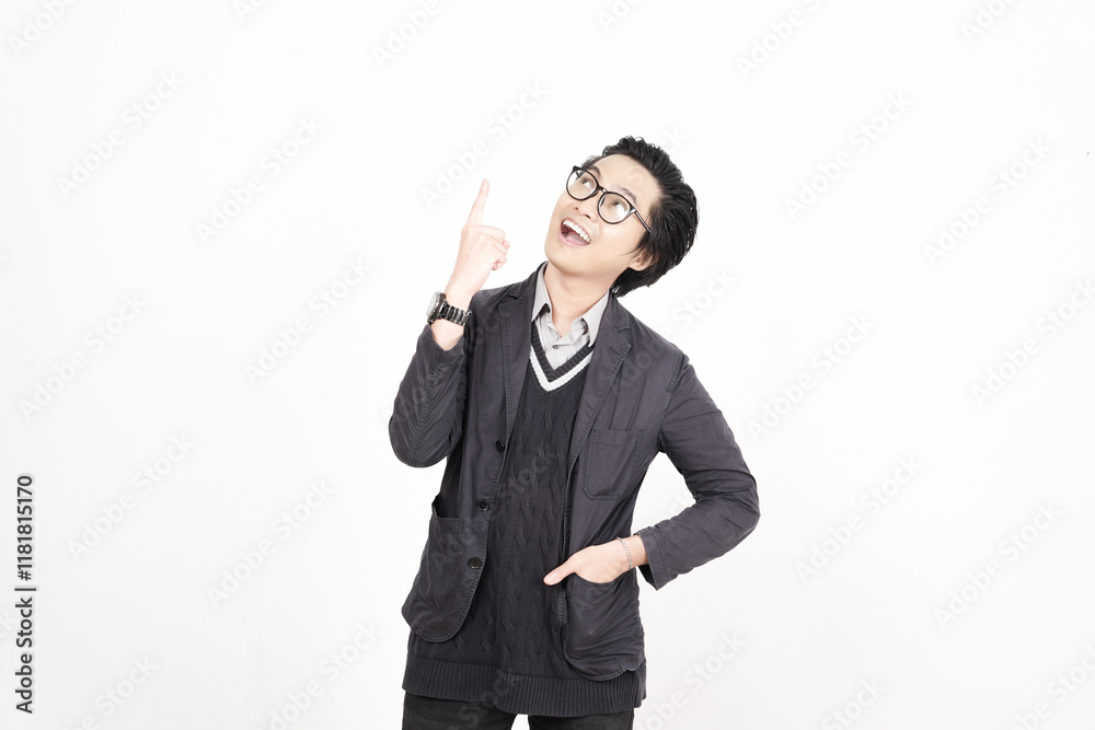 Showing Product and Pointing Up Of Beautiful Asian Man Isolated On White Background Showing Product and Pointing Up Of Beautiful Asian Man Isolated On White Background