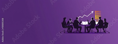 A flat vector illustration of business people in an office meeting room, sitting around the table with laptops and documents on it