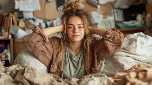 Teenager lounging in her messy bedroom, embracing a relaxed moment