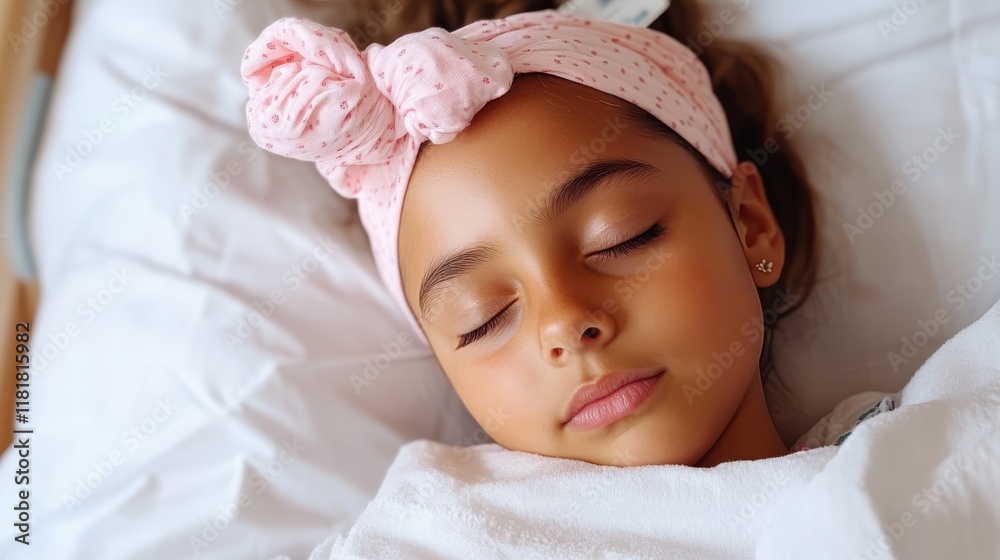 Little girl peacefully sleeping in a hospital bed with a pink headband Little girl peacefully sleeping in a hospital bed with a pink headband