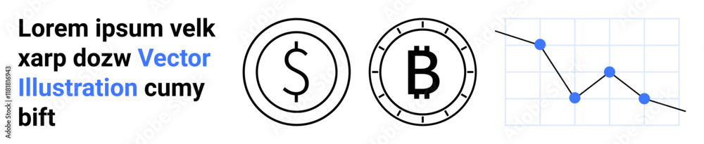 Dollar and Bitcoin symbols, financial line graph with data points. Ideal for finance, cryptocurrency, investment, market analysis, trading platforms, economics, financial reports. Landing page Dollar and Bitcoin symbols, financial line graph with data points. Ideal for finance, cryptocurrency, investment, market analysis, trading platforms, economics, financial reports. Landing page