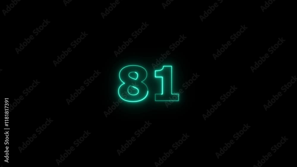 Abstract glowing neon text 81 number countdown icon. Glowing sign on black background. Abstract glowing neon text 81 number countdown icon. Glowing sign on black background.
