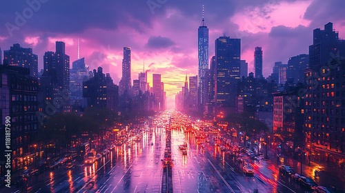 Rain drenched city street at sunset with skyscrapers photo