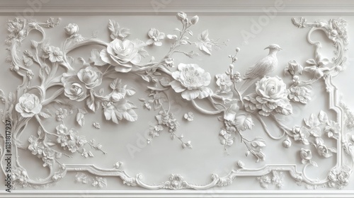 Decorative Floral Patterns in Volume on a Textured Plaster Wall photo