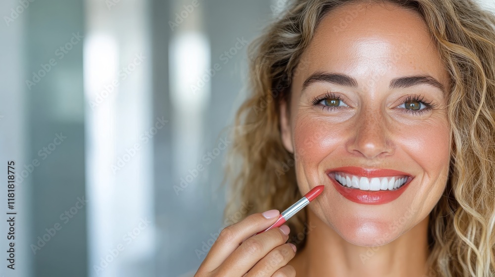 Smiling mature woman applying lipstick in a cozy home hallway Smiling mature woman applying lipstick in a cozy home hallway
