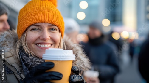 Warm smiles and steaming coffee on a chilly day in the city photo