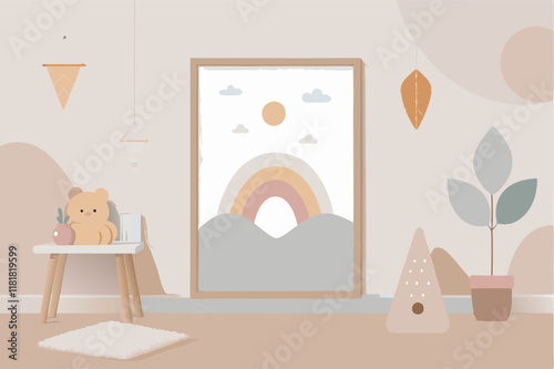 Vibrant and serene children's room, complete with playful decor, soft touches, and a hint of adventure. Combines comfort, creativity, and warmth for play and rest.