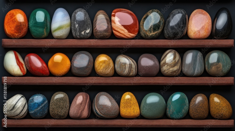 Colorful collection of polished stones natural display curated arrangement indoor setting close-up view nature's art Colorful collection of polished stones natural display curated arrangement indoor setting close-up view nature's art