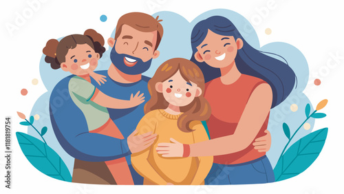 An image shows a joyful family of five with colorful hair embracing, dressed in red, blue, and yellow, surrounded by a cheerful and warm decorative background.