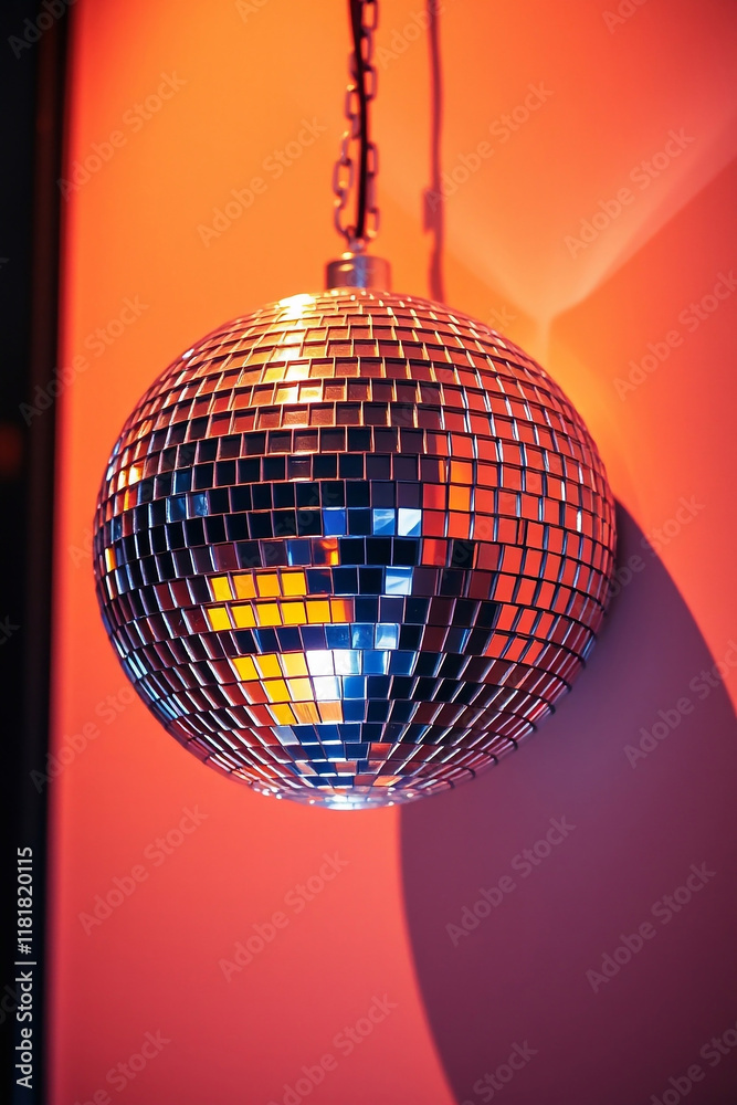 Obraz premium An extreme macro close-up of a shiny mirrored disco ball against a wall in a warm, slightly dark, soft, professional fine art style