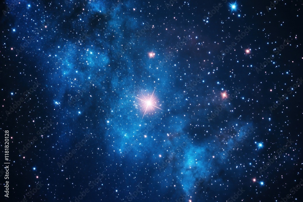 Naklejka premium Bright glowing star surrounded by nebulae and countless stars in deep space