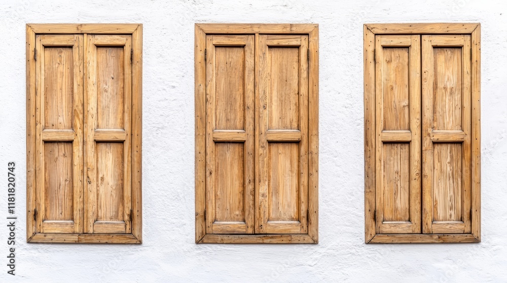 Three Rustic Wooden Window Shutters on White Wall Three Rustic Wooden Window Shutters on White Wall