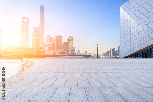 Fototapeta Naklejka Na Ścianę i Meble -  Empty square floor and city skyline with modern buildings scenery in Shanghai. Outdoor city background.