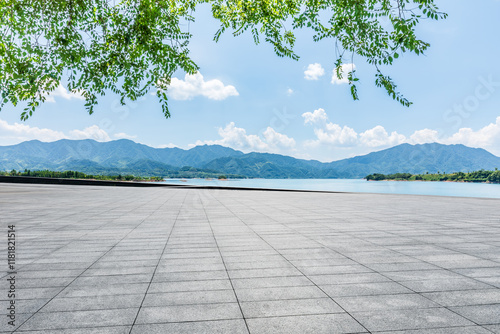 Empty square floor and lake with mountain nature landscape in summer. Outdoor natural background. photo