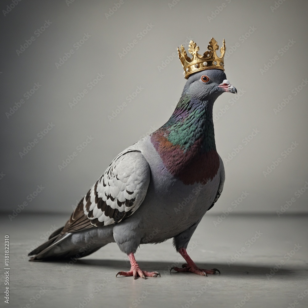 Obraz premium A pigeon with golden talons and crown, standing on a clean surface.