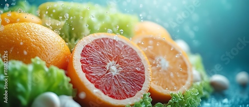 Juicy oranges, grapefruit, and lettuce with water splash.