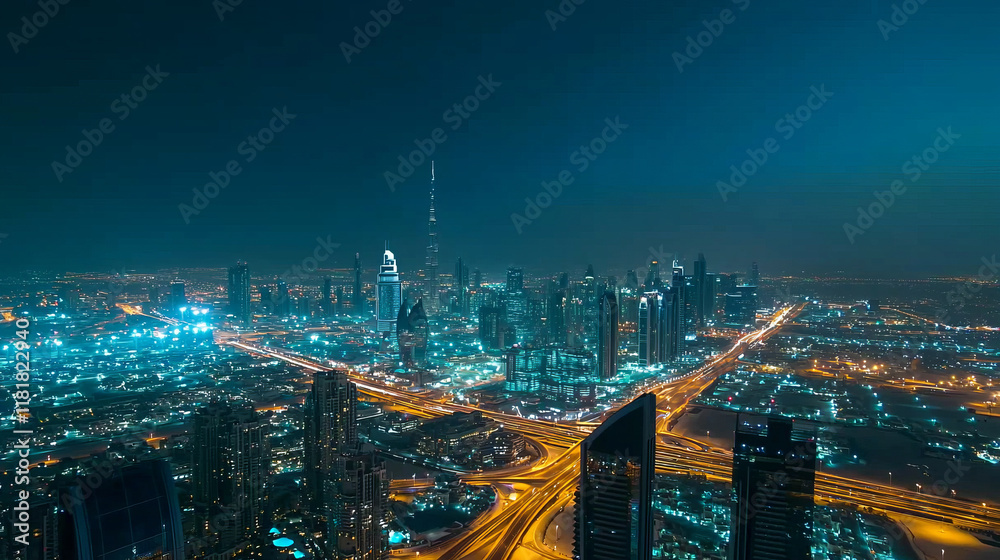Obraz premium Captivating aerial view of a vibrant cityscape illuminated at nighttime
