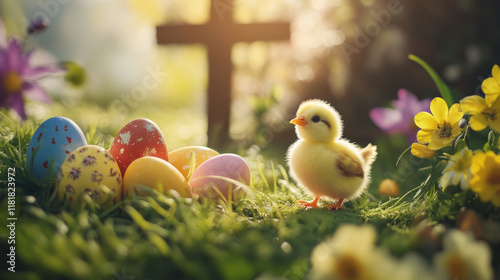 Happy Easter holiday vector design of painted eggs, chicks and cake, spring flowers and lab of God with cross. Resurrection Sunday holiday of christian religion greeting card