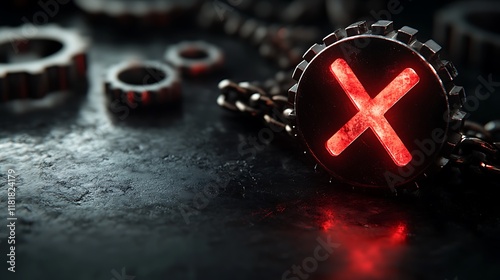 Red illuminated X on metallic gear.