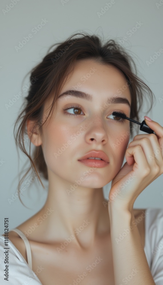A beautiful young woman with soft features is applying mascara, showcasing her natural beauty and elegance. The image captures a moment of self-care, highlighting her delicate makeup routine against a A beautiful young woman with soft features is applying mascara, showcasing her natural beauty and elegance. The image captures a moment of self-care, highlighting her delicate makeup routine against a