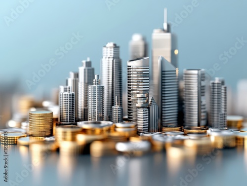 A miniature cityscape made of buildings and coins, symbolizing wealth, finance, and urban development.