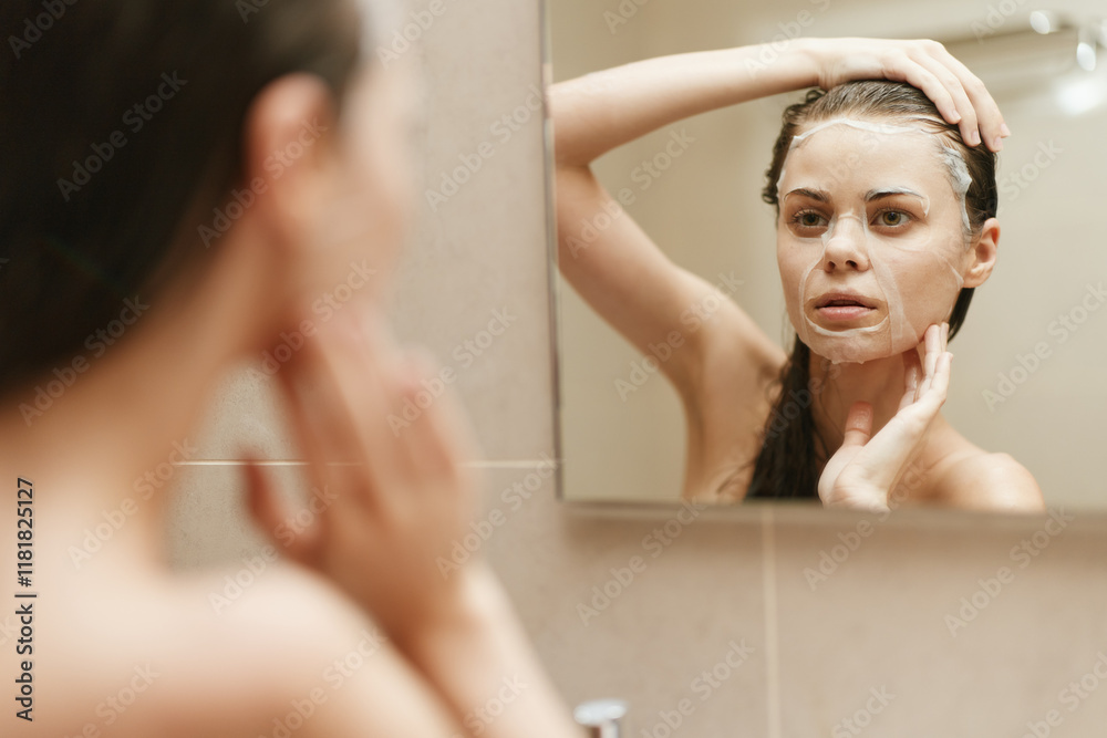 Thoughtful young woman applying facial mask in bathroom, looking into mirror, focusing on skin care routine. Self-care and beauty concept. Thoughtful young woman applying facial mask in bathroom, looking into mirror, focusing on skin care routine. Self-care and beauty concept.