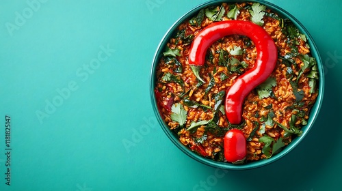 Red pepper question mark in spicy rice bowl.