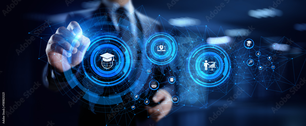 E-learning Online learning distance education concept. Businessman pressing button on screen. E-learning Online learning distance education concept. Businessman pressing button on screen.