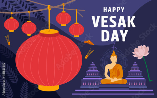 Vesak Day Celebration with Buddha, Lanterns, and Temples