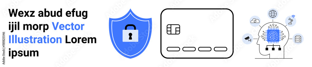 Shield with padlock icon for security, credit card with chip for secure transactions, human head with AI chip and data icons network. Ideal for tech protection, secure payments, AI, data privacy Shield with padlock icon for security, credit card with chip for secure transactions, human head with AI chip and data icons network. Ideal for tech protection, secure payments, AI, data privacy
