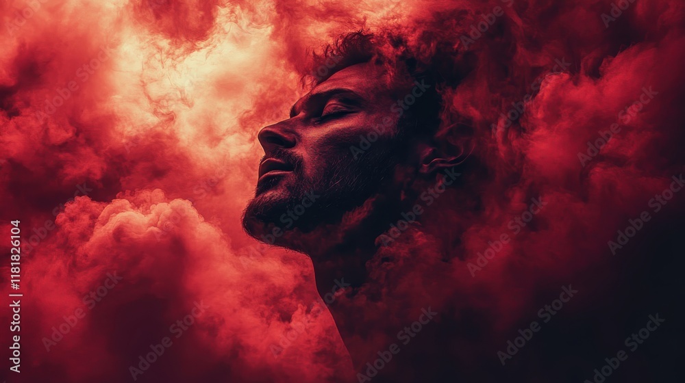 A striking and surreal image of a handsome man's head enveloped in dark red clouds A striking and surreal image of a handsome man's head enveloped in dark red clouds
