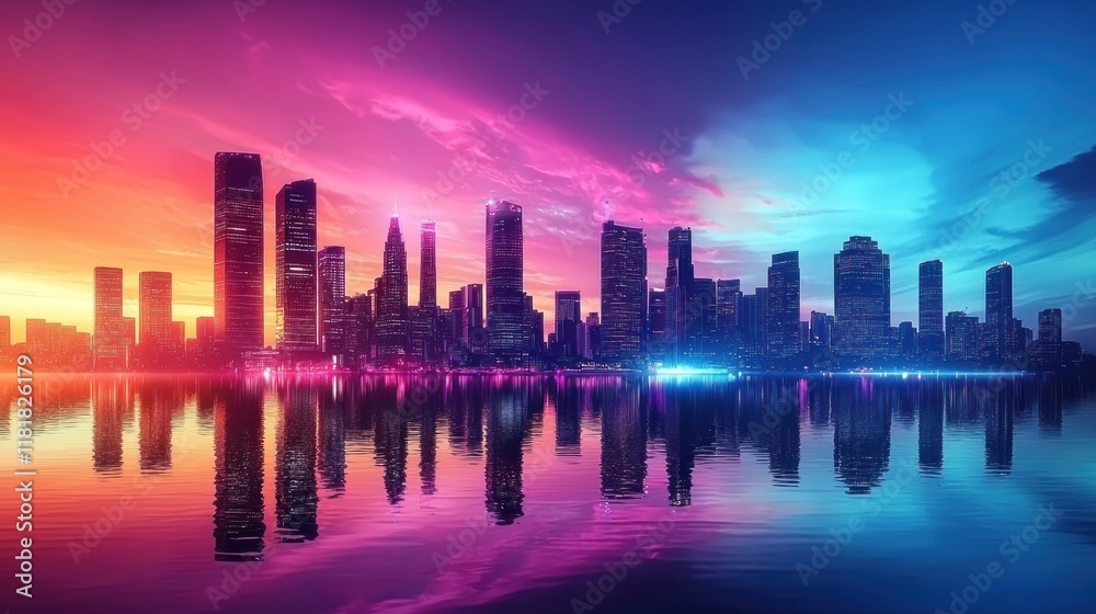 Obraz premium A futuristic city skyline with artificial lighting and neon colors.