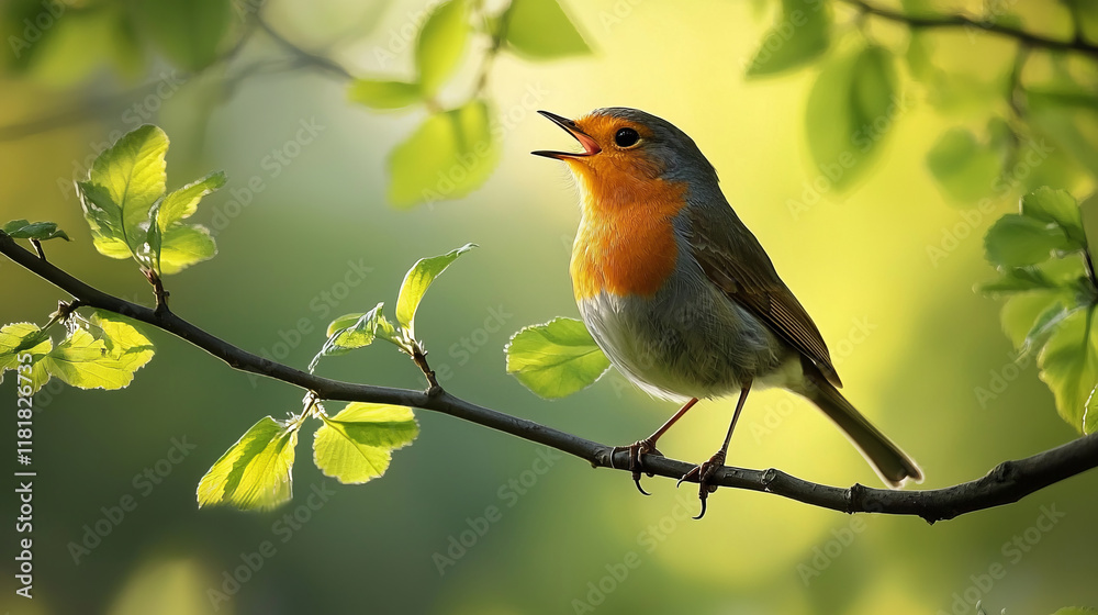 European robin perched and singing on a sunlit spring branch European robin perched and singing on a sunlit spring branch