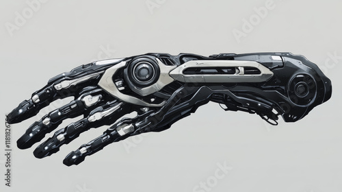 Human hand with metal fingers, future artificial technology implant arm. Vector cyborg droid mechanical prosthesis, robotized limb, steel hand photo