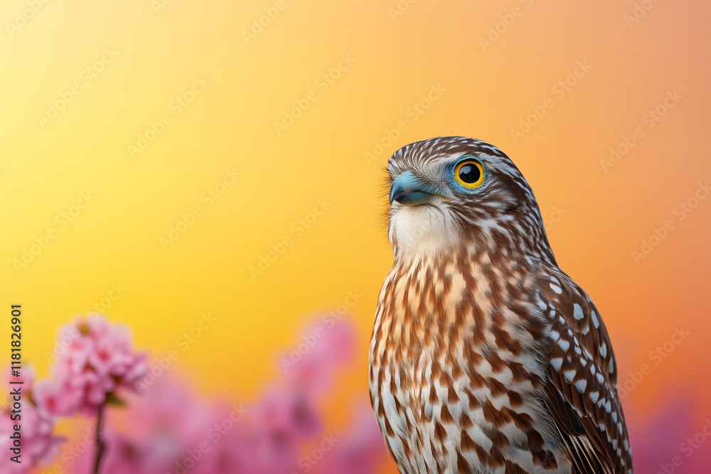 A merlin falcon (falco columbarius) with sharp yellow eyes against a warm gradient background and pink blossoms A merlin falcon (falco columbarius) with sharp yellow eyes against a warm gradient background and pink blossoms