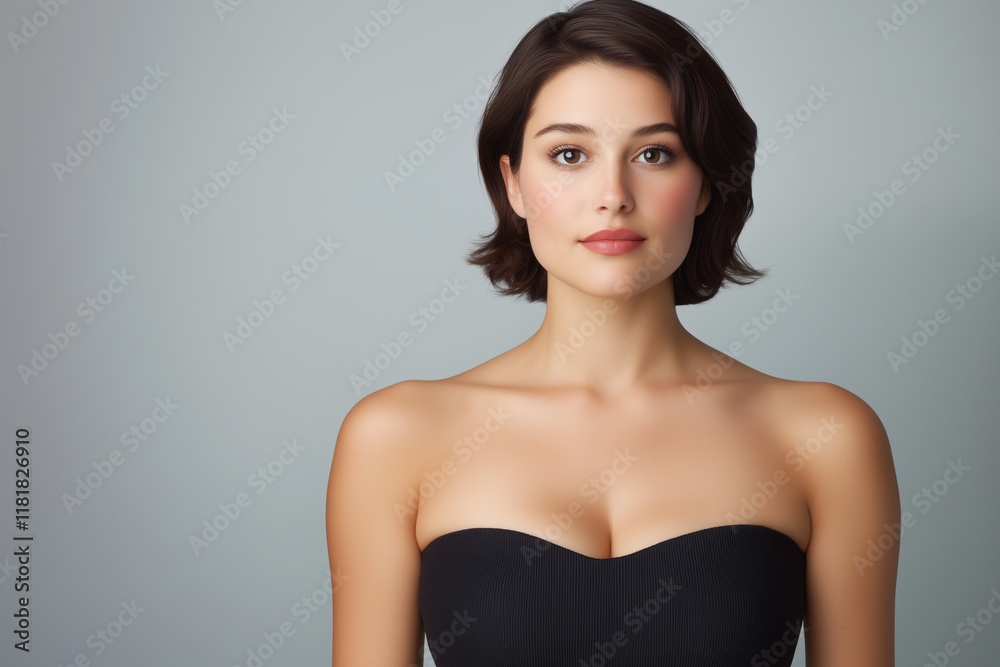 Closeup portrait of a 25 years old caucasian woman with smooth skin, short brown hair, and natural makeup, set against a neutral background Closeup portrait of a 25 years old caucasian woman with smooth skin, short brown hair, and natural makeup, set against a neutral background
