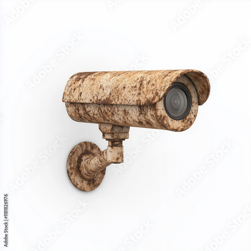 A weathered surveillance camera with noticeable rust, mounted on a white wall, outdated technology photo