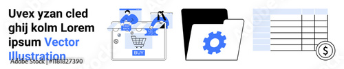 Team collaborating on an online shopping interface, gear icon on a black folder, financial data in a spreadsheet. Ideal for teamwork, e-commerce, project management, data organization, financial