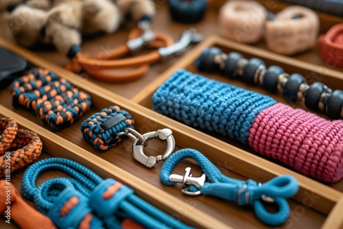 Colorful handmade accessories displayed in wooden box showcase photo