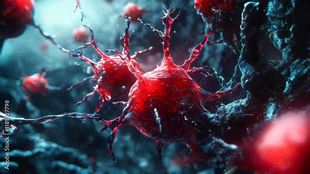 Artistic rendering of red blood cells and plasma captured at a microscopic level, showcasing intricate cellular details and vibrant red hues