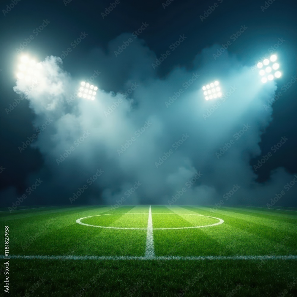 Obraz premium Football field in spotlight with thick fog or smoke descending slowly from the top , arena, fog