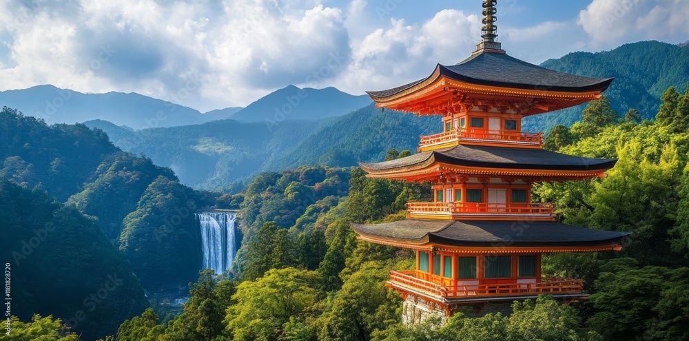 A concrete wall is embellished with colorful, textured stucco molding, highlighted with golden details, showcasing a Japanese scene of a waterfall and mountains. A concrete wall is embellished with colorful, textured stucco molding, highlighted with golden details, showcasing a Japanese scene of a waterfall and mountains.