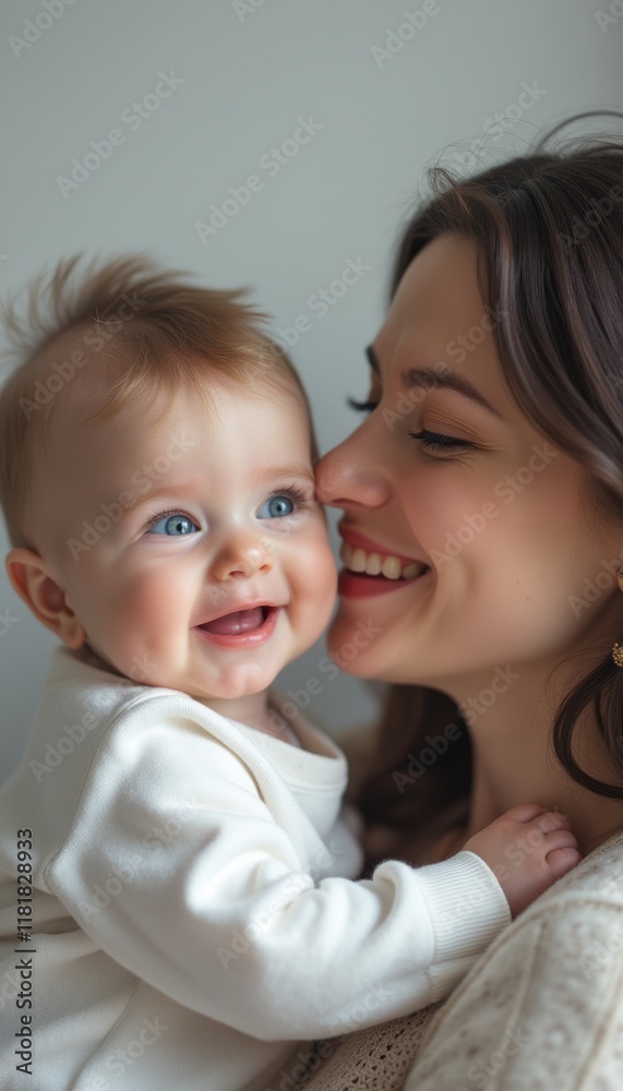 A radiant mother cradles her smiling baby close, their faces glowing with joy and love. The soft lighting highlights their connection, capturing the essence of maternal affection and happiness. A radiant mother cradles her smiling baby close, their faces glowing with joy and love. The soft lighting highlights their connection, capturing the essence of maternal affection and happiness.