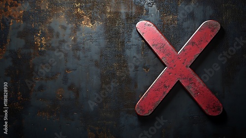 Red X mark on rusty metal background.