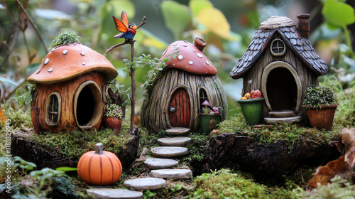 Fairy village of gnome and elf houses cartoon banners. Vector amanita mushroom, stump, old boot, pumpkin and teapot or stone and hillock dwellings. Magic fairy with wand and fantasy buildings on field photo