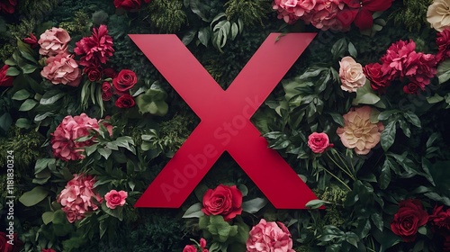 Red X on floral wall.