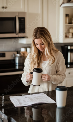 A young woman savors her coffee in a warm, inviting kitchen as she calmly reviews important documents during a peaceful morning at home