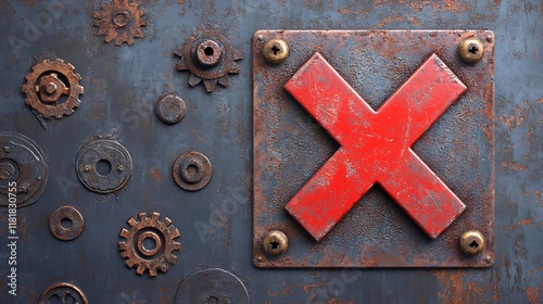 Red X on rusty metallic background with gears.
